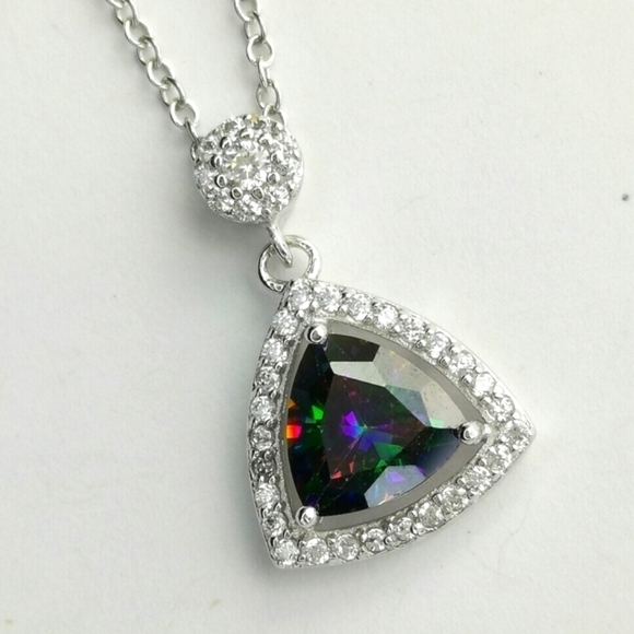Mystic Topaz CZ Halo Pendant Necklace Sterling Silver - Picture 1 of 7